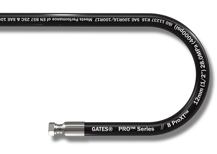 Gates Corp recently launched its ProXT line of hydraulic hose assemblies. Here is an example of its bend radius curved from left shadow white