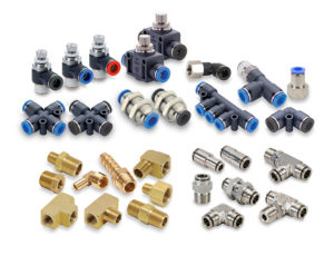 Figure 1. Pneumatic fittings come in a variety of styles and materials with threaded ports or push-to-connect designs to attach pneumatic tubing to valves. All courtesy of AutomationDirect