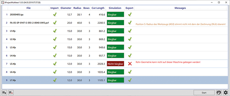 The Multitest function of the transfluid software t project checks if a batch of tubes is bendabel and free of collision.